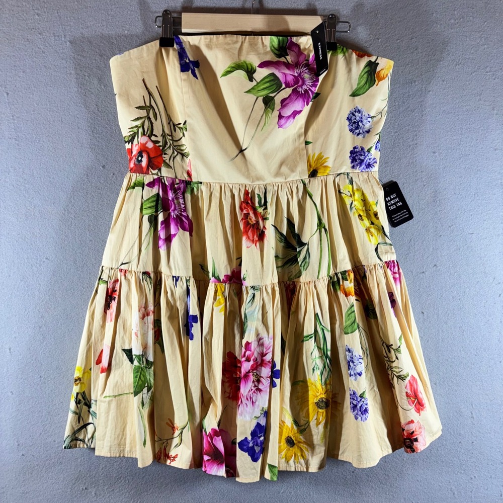 Express Womens Light Yellow Floral Strapless Tiered Mini Dress Size 14 NWT